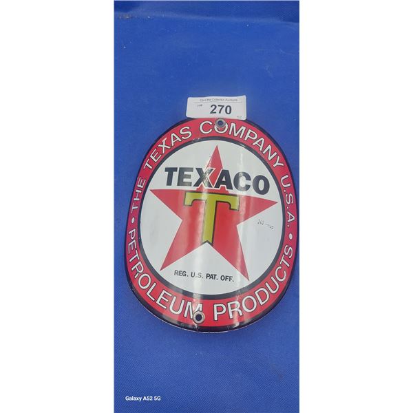 Very nice repro porcelain curved pump Texaco sign 8"