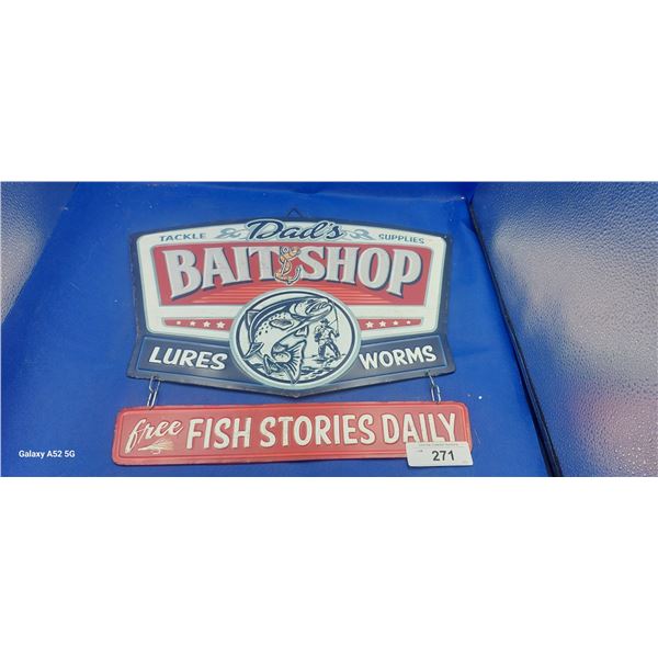 Nice reproduction bait shop hanging metal sign 16" overall