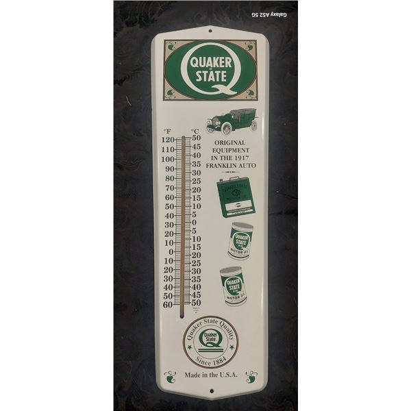 Vintage metal thermometer, Quaker State new in package Made in USA 35 years old 24"