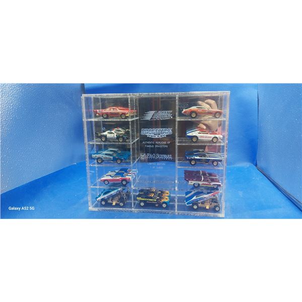 Vintage Johnny Lighning dragster display case with eleven 1:64 cars limited edition 1/3600