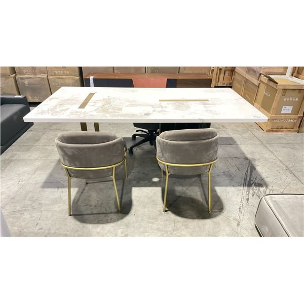 ROVE CONCEPTS DESIGNER WHITE TOP MODERN DESK UNIT WITH 2 GREY MICRO FIBER CLIENT CHAIRS, & MOBILE