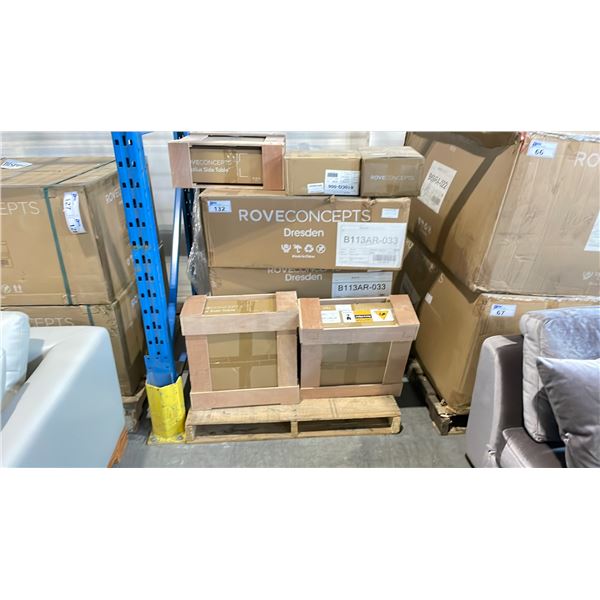 PALLET OF ROVE CONCEPTS DESIGNER ASSORTED DERDEN ARMS & GALLUS SIDE TABLE PARTS *IN BOX*