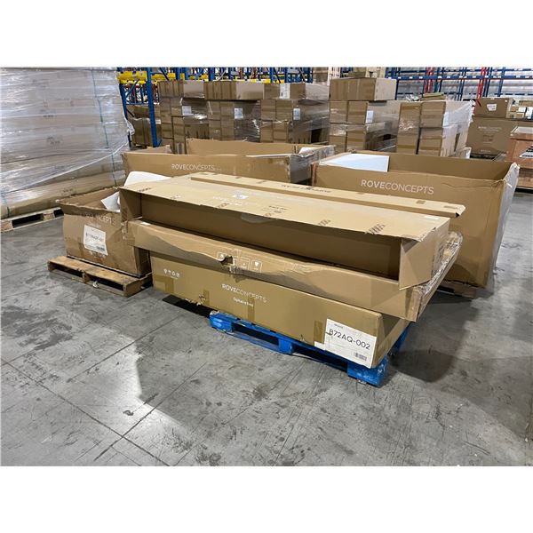 2 PALLET OF ROVE CONCEPTS DESIGNER DRESDEN LINEN ARMLESS SECTIONAL SECTION & ASSORTED BED PARTS IN