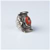 Image 1 : Silver-Tone Ring with Coral-Colored Stone and Ornate Design