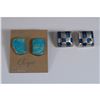 Image 1 : 2 Pairs Sterling Clip-On Earrings, Checkerboard & Turquoise