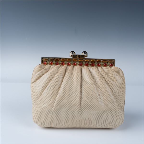 Judith Leiber Beige Lizard Leather Tiger Eye Gemstone Clutch