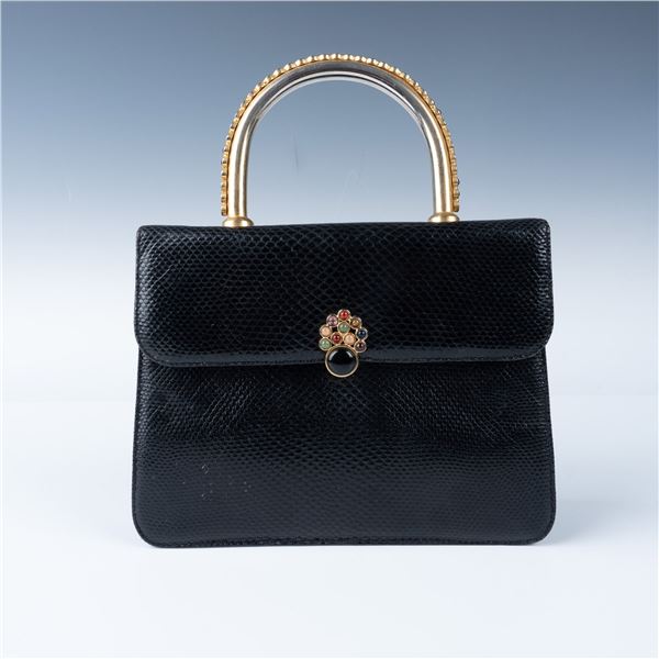 Judith Leiber Black Leather Handbag with Jeweled Accents