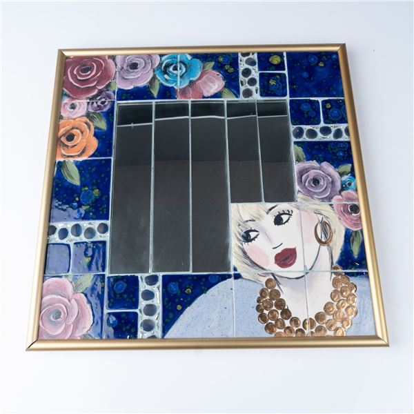 Hand-Painted Framed Ceramic Tile Art Mirror, Floral & Portrait