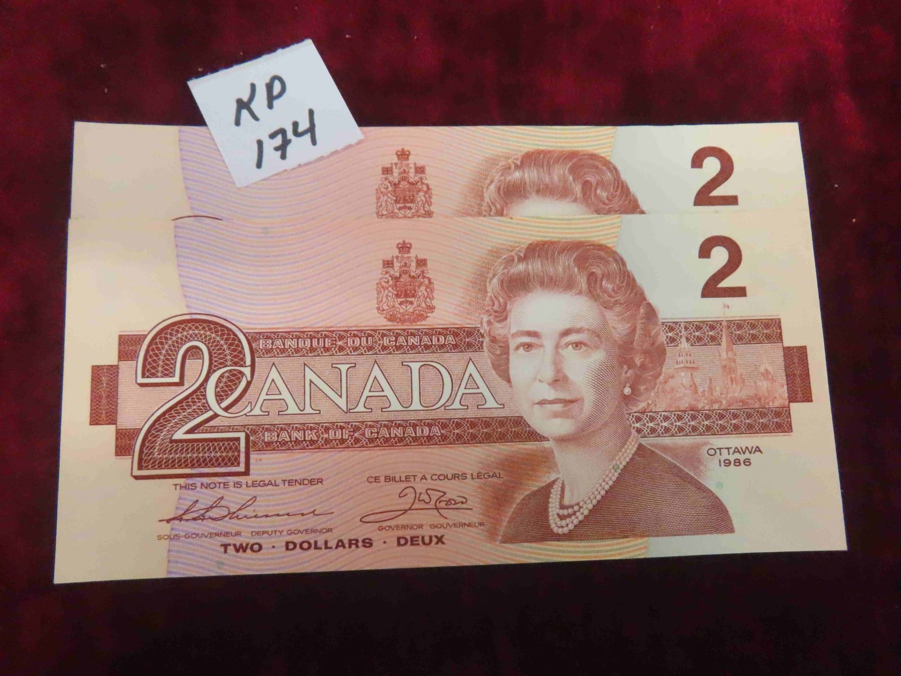 2 Uncirculated Canada 1986 $2 Bills - Consecutive