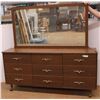 Image 1 : * DeFehr Nine Drawer MCM Dresser - 64" x 16" x 30.5" w/ Mirror (55" x 30.5") - Some Wear, As Picture