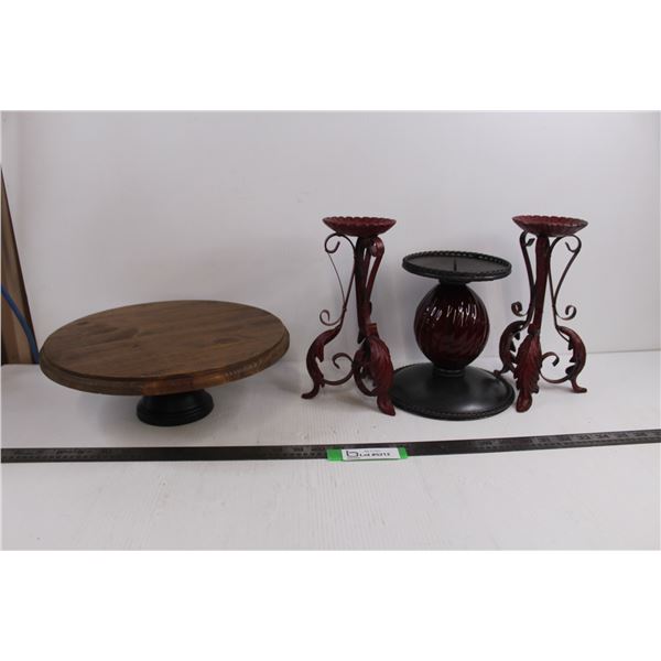 Set of 3 Vintage Candle Holders, Elevated Wooden Serving Tray 12.5" Dia