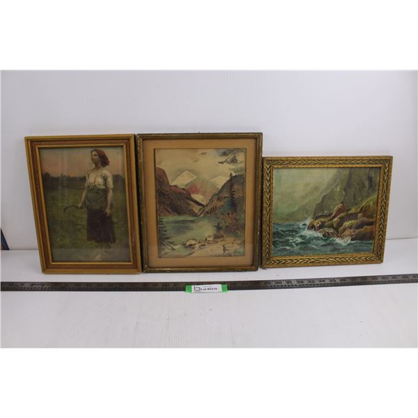 (3) Vintage Wood Framed Wall Art - Largest 10.5" x 13" - As is