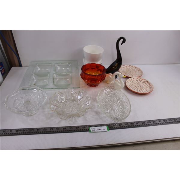Assorted Glass Platters - Largest 12" x 12", Fondue Set, Orange Glass Vase, Ornamental Geese, Misc.