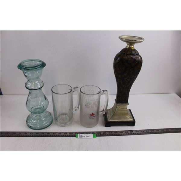 (2) Large Candle Holders - 12" & 16" Tall, (2) Glass Beer Mugs
