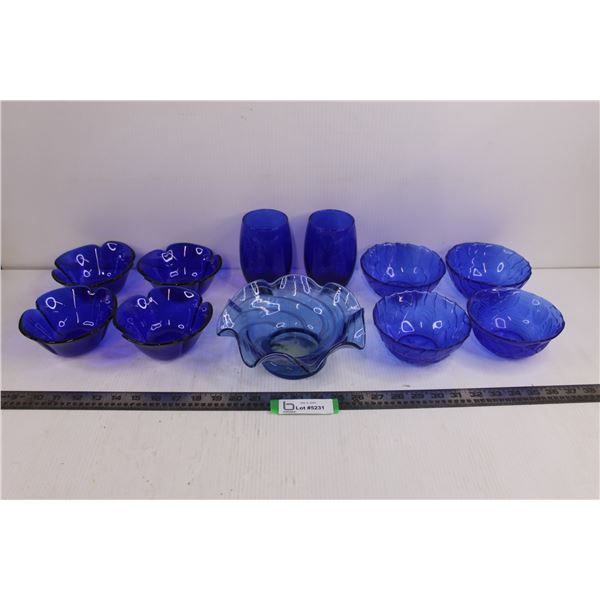 Assorted Sets of Cobalt Blue Glass Serving Dishes & Vase
