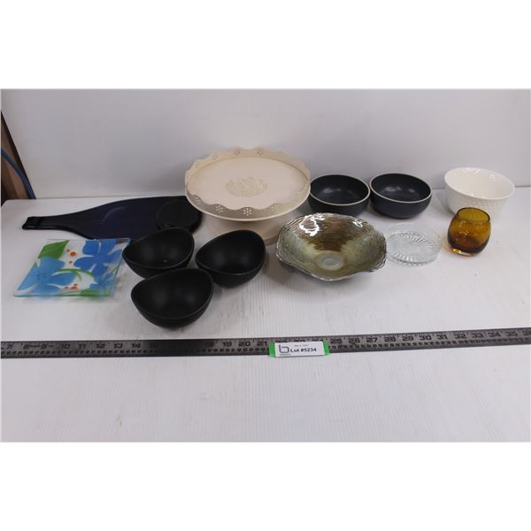 Assorted Platter & Trinket Dishes, Glass Cheese Board, Votive, Misc.
