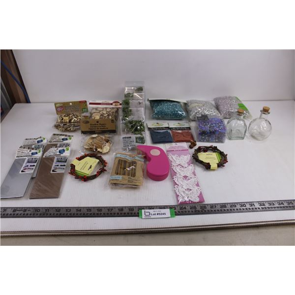 Crafts Lot (String Lights, Wooden Shapes, Tiles, Garlands, Gems, Beads), Bottles, Misc