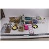 Image 1 : Crafts Lot (String Lights, Wooden Shapes, Tiles, Garlands, Gems, Beads), Bottles, Misc