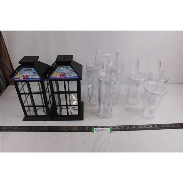 (2) Home Decor LED Lanterns - Unused, (6) Plastic Drink Glasses with Straws & Lids