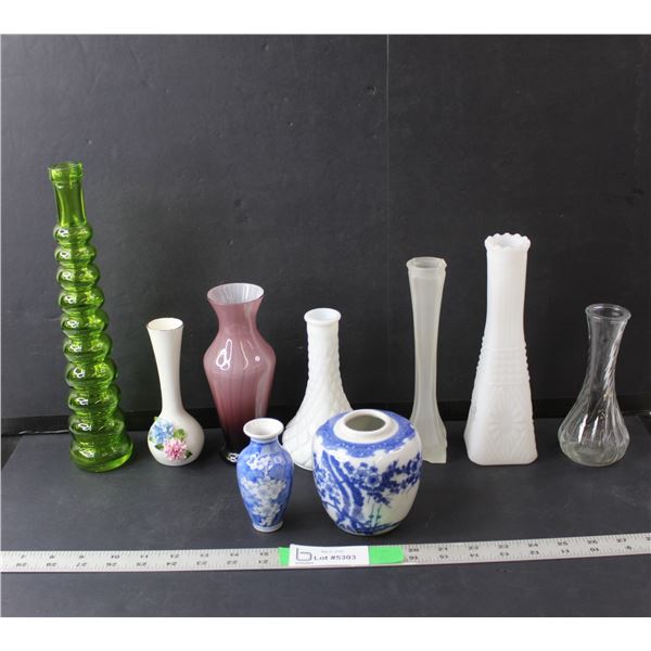 (8) Glass & Ceramic Vases & Pot Up to 12" tall