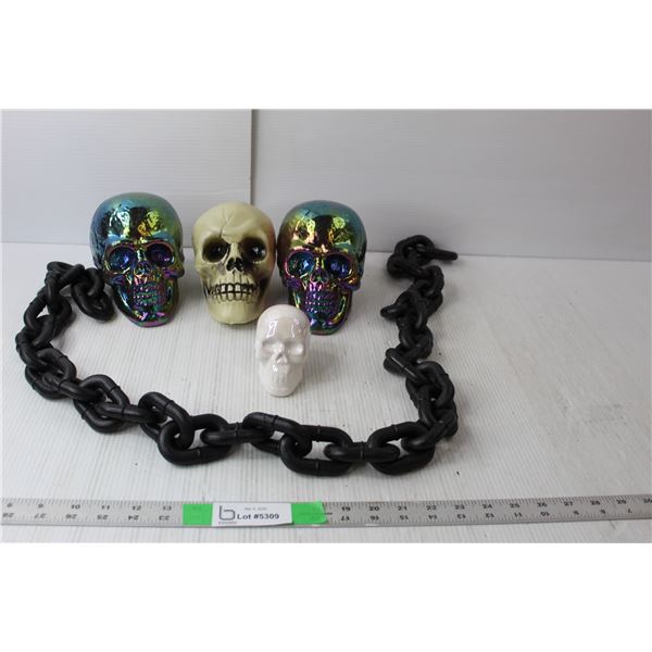 Halloween Lot- (4) Skulls- Plastic & Ceramic. Plastic Chain