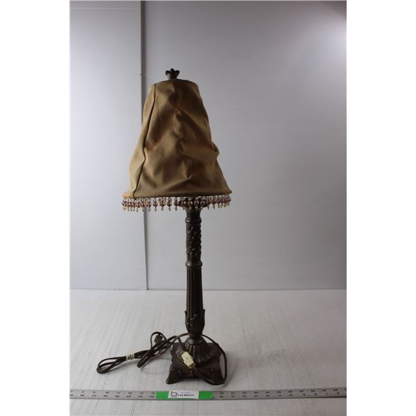 Vintage Style Resin Lamp with Beaded Shade and Bulb 28" Tall- Working, As Is