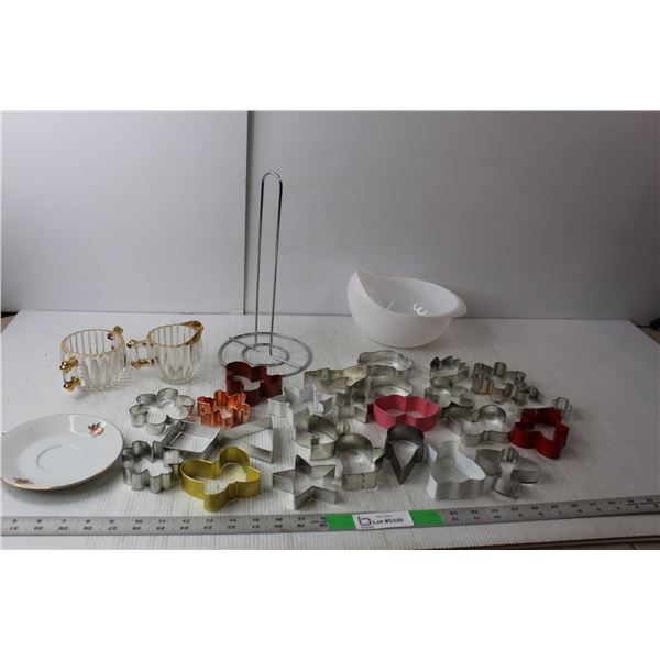 Kitchen Lot- Cookie Cutters, Paper Towel Stand, Glass Sugar Bowl & Creamer, Misc.