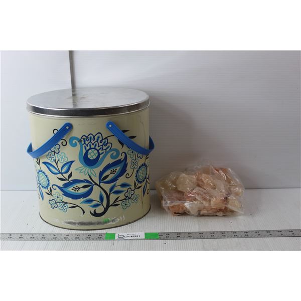 Vintage Tin Storage Container 11.75" Tall & Bag of Himalayan Salt Stones