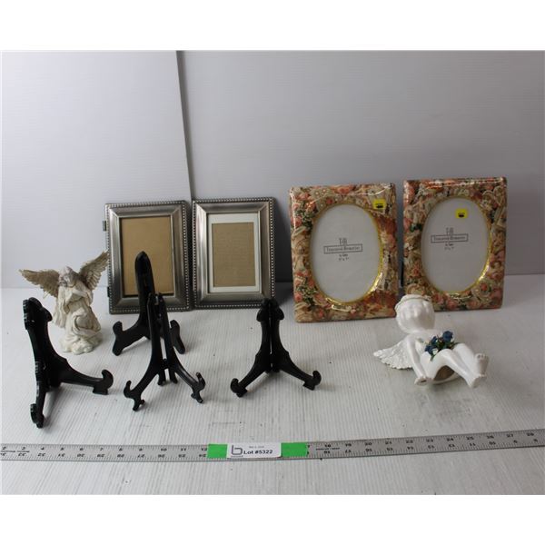 (2) Ceramic Angels, (4) Photo Frames Up to 9" Tall, (4) Plastic Photo Stands