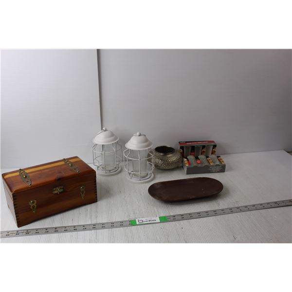 (6) Dessert Glasses, (2) Lantern Candle Holders, Wood Storage Box 4.25" Tall x 9.75" Long- As Is, Mi
