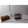 Image 1 : (6) Dessert Glasses, (2) Lantern Candle Holders, Wood Storage Box 4.25" Tall x 9.75" Long- As Is, Mi