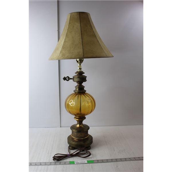 32.5" Tall Amber Glass & Brass Vintage Lamp with Shade & Bulb- Working