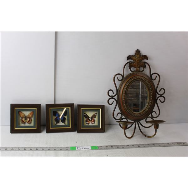(3) Pieces of Framed Butterfly Wall Art 5.5", Round Metal Mirror and Candle Holder 17.5" Tall