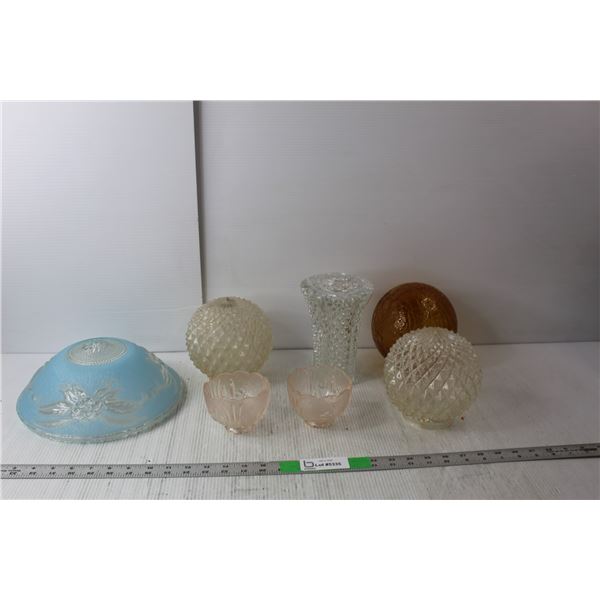 (6) Vintage Glass Light Fixtures Up to 10" Wide, Vase 7" Tall