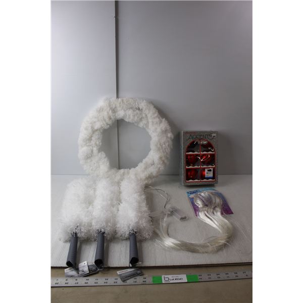 (3) Microfibre Dusters, Faux White Hair Extension, Christmas Bulbs, Faux Fur Wreath