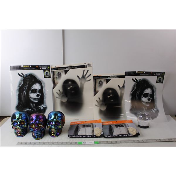 Halloween Lot- (4) Window Clings/Stickers, (3) Plastic Skulls, Decorative Fabric, Plastic Globe