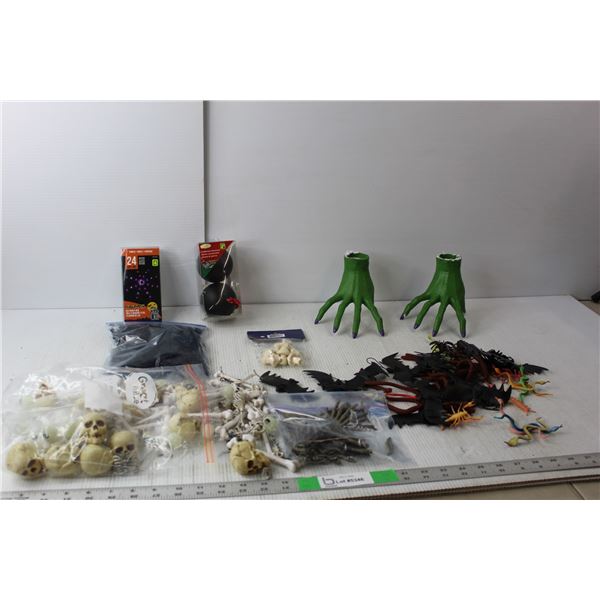 Halloween Lot- (2) Witch Hands, String Lights, Spider Confetti, Misc.