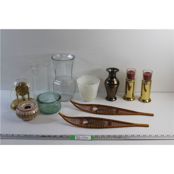 Decorative Snow Shoes, Flower Vases, Candle Holders, Ash Tray and Alpine Desk Clock - As Is