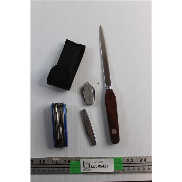 (2) Old Pocket Knives, Letter Opener and Multi Tool with Case