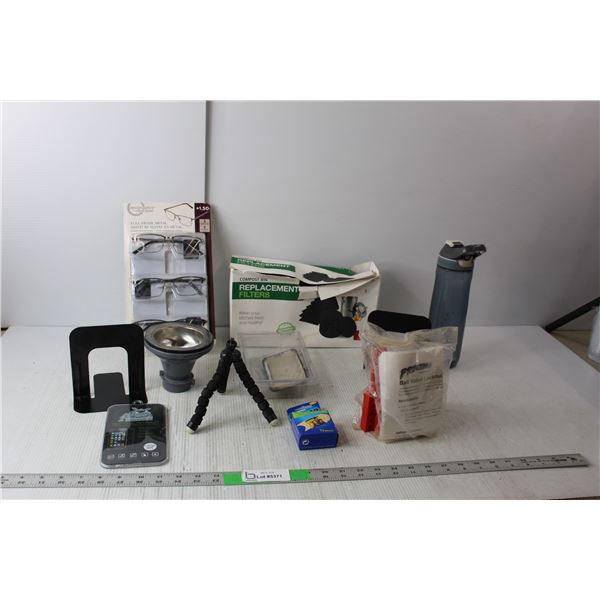 (3) 1.5 Magnification Reading Glasses, Bulldog Phone Cover, Compost Bin Replacement Filters, Misc.