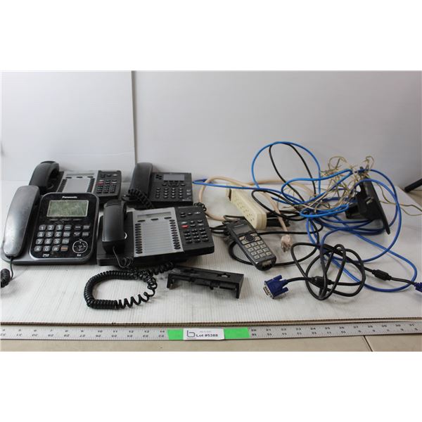 (4) Corded Phones-Untested, Power Bar, Cables, Misc.