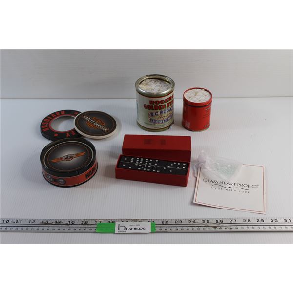 (4) Harley Davidson Absorbent Coasters, Dominoes, (2) Bee's Wax Candles and Glass Heart Ornament