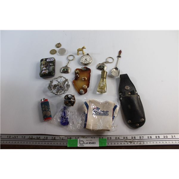 Moose Jaw Dollar Coin, Mexican Peso Coin, Saskatchewan Roughriders Keychains, Westclox Pocket Watch,