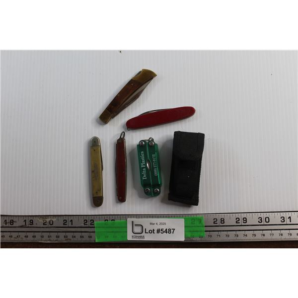 (5) Folding Knives and Multi Tool with Case