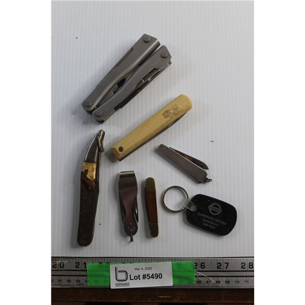 (6) Folding Knives and Multi Tools and Nissan Key Chain