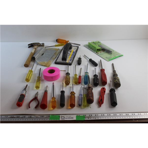 Assorted Screwdrivers, Dry Wall Tools, Hammer, Pink Tape and Herb Scissors