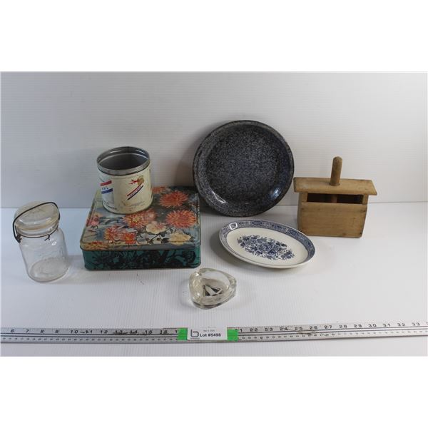 Flower Print Tin Box, Vintage Daily Mail Tobacco Tin, Enamel Plate, Glass Ash Tray, Mason Jar, Ceram