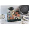 Image 6 : Flower Print Tin Box, Vintage Daily Mail Tobacco Tin, Enamel Plate, Glass Ash Tray, Mason Jar, Ceram