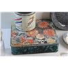 Image 7 : Flower Print Tin Box, Vintage Daily Mail Tobacco Tin, Enamel Plate, Glass Ash Tray, Mason Jar, Ceram