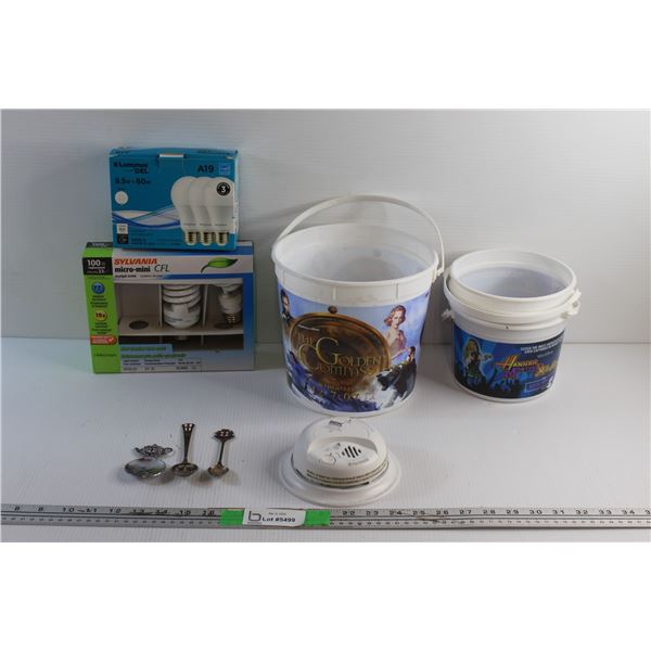 Light Bulbs, Souvenir Spoons, Smoke Alarm, (3) Hannah Montana & (1) The Golden Compass Plastic Bucke